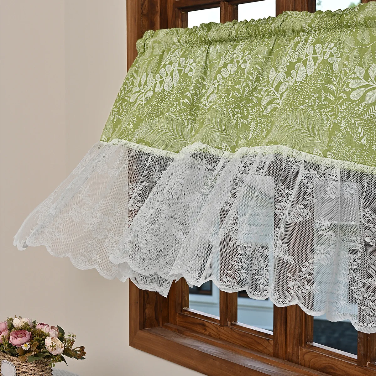 1PC 140x50cm Vintage floral patterns Short Curtain, Lace Splicing Window Curtains for Kitchen, Bathroom, Living Room, Bedroom, H