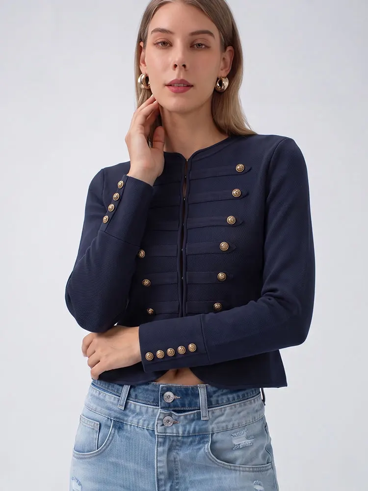 HH Womens Navy O Neck Cropped Slim Jacket Covered Button Long Sleeves High Street Casual Summer Party Fashion Vacation Coat
