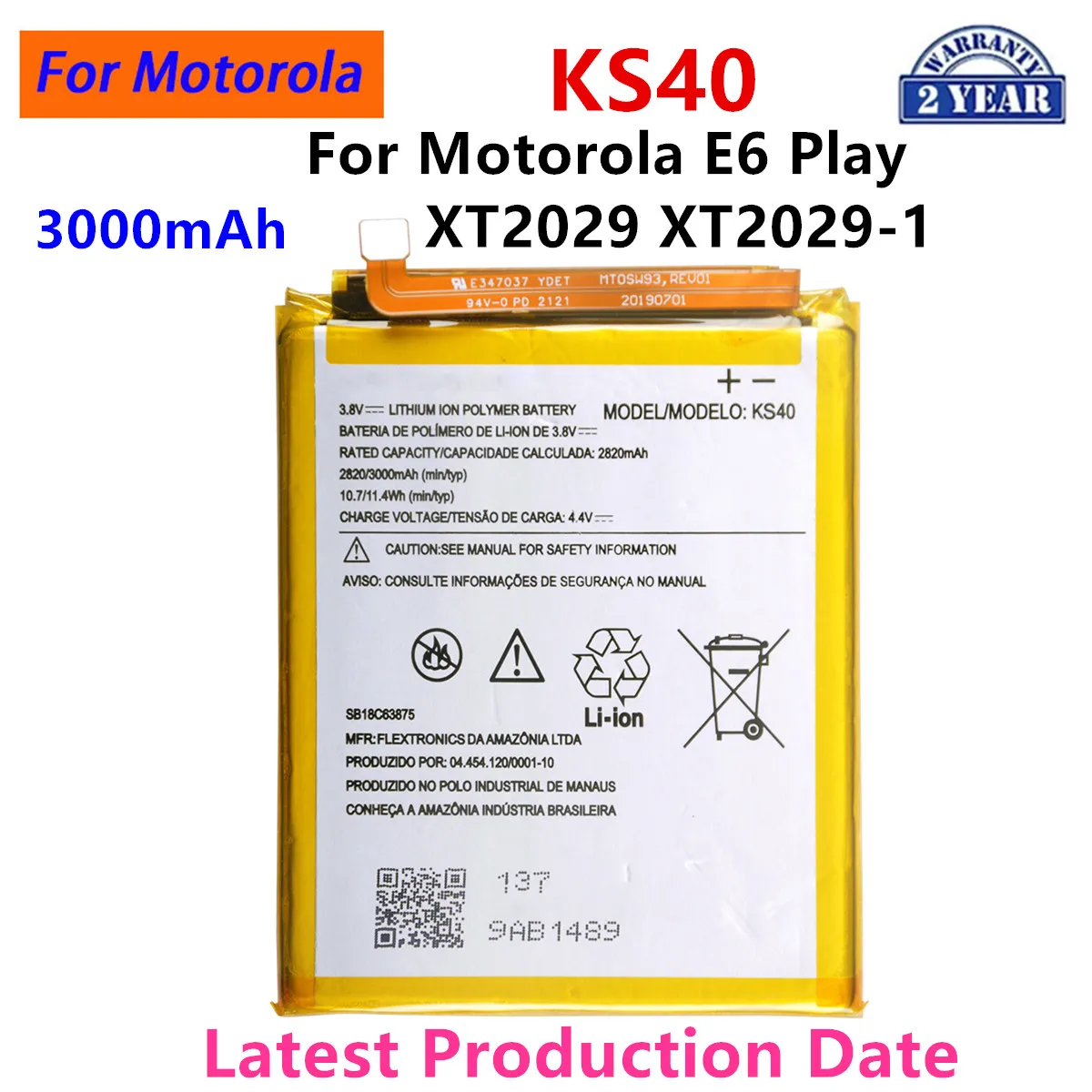 

100% Original KS40 3000mAh Battery For Motorola Moto E6 Play XT2029 XT2029-1 Phone Batteries.