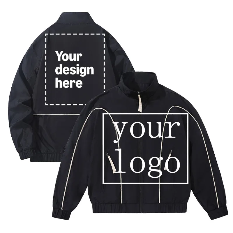 Men Spring Autumn Custom Logo Thick Fabric Lined Jacket Stand Collar Zip Slim Fit Casual Outdoor Striped Sleeve DIY Own Print