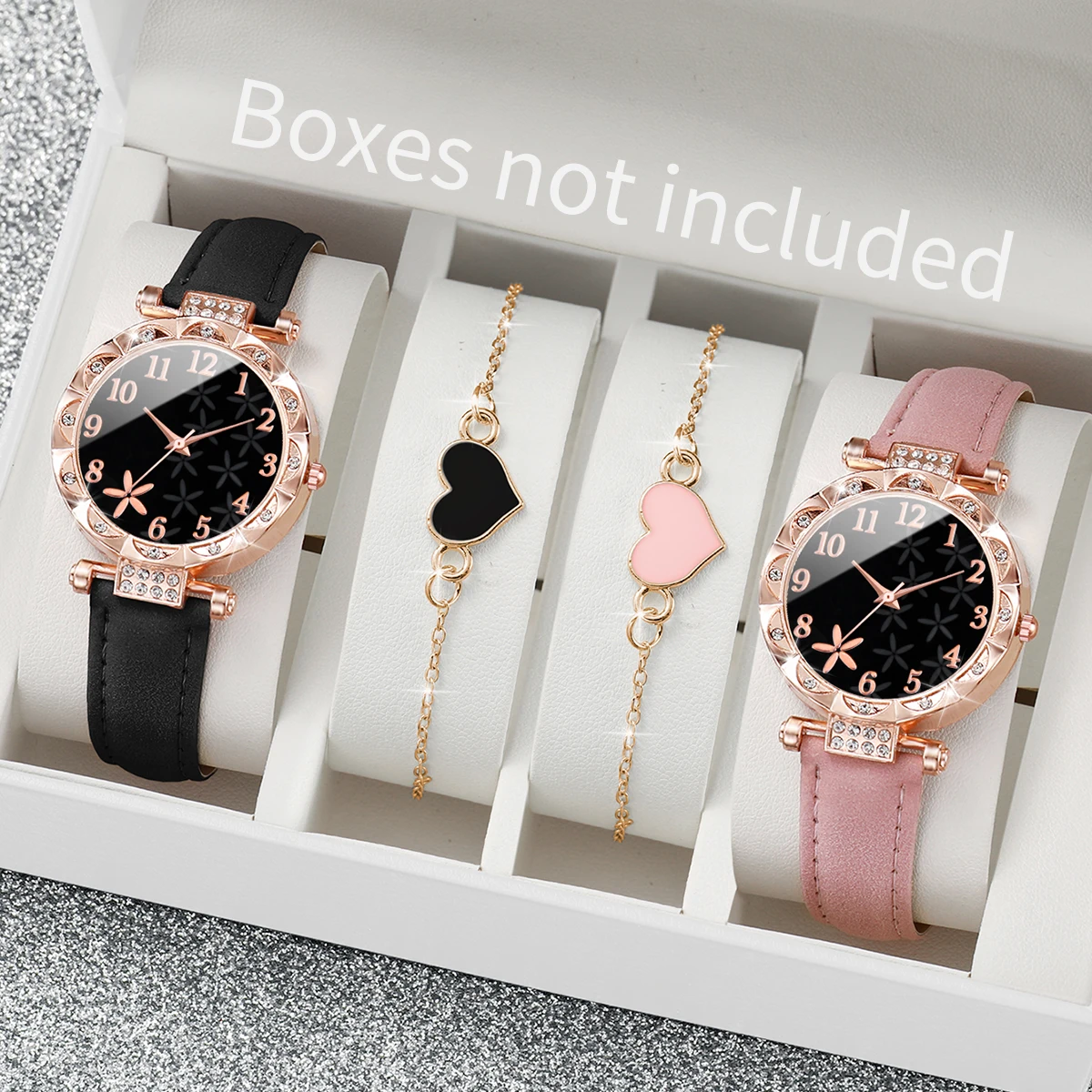 4PCS/Set Women's Watch Fashion Flowers Dial Quartz Watch Leather Band Wristwatches Heart Bracelets Set（Without Box）