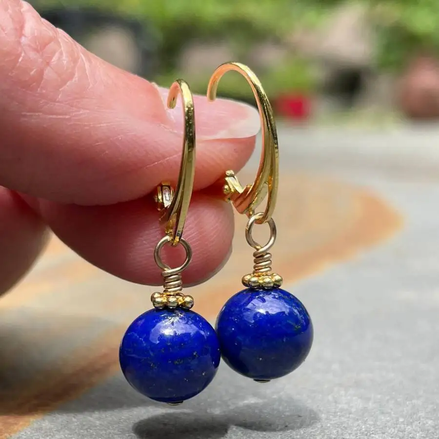 Women Round Lapis Lazuli Dangle Leverback Earrings Gold Clasp Drop Earrings Vintage Boho Natural Stone Minimalist Handmade