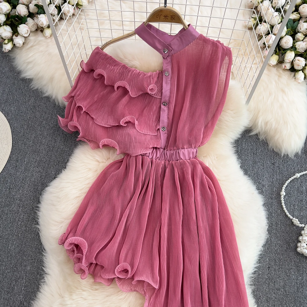 2023 Spring Asymmetric Korean Style Solid Color Pleated Chiffon Shirt Women\'s Ruffled Irregular Top fall Fashion Camisas Mujer