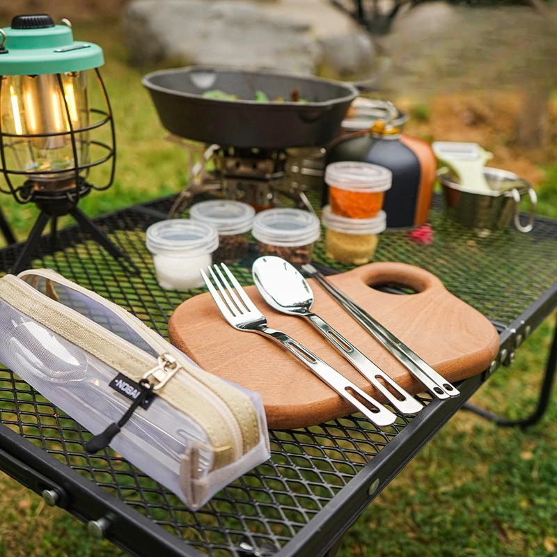 Conjunto de talheres de acampamento portátil aço inoxidável garfo colher pauzinhos utensílios de viagem ao ar livre