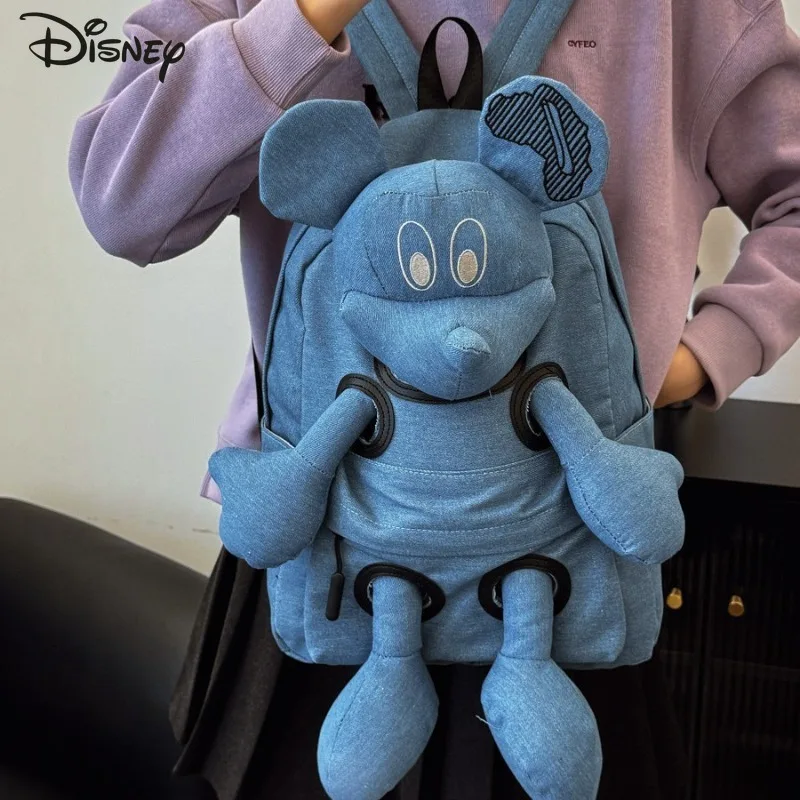 Disney mickey nova denim mochila feminina grande capacidade boneca bonito dos desenhos animados saco de viagem moda casual mochila