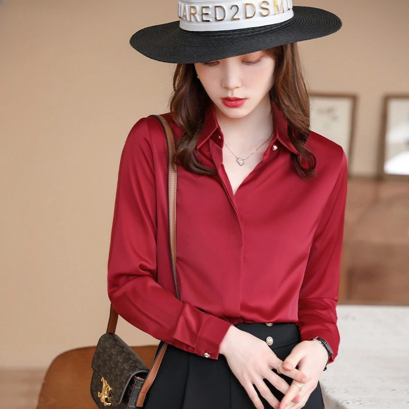 Red Women Shirt New Korean Fashion Women Clothing OL Satin Blouse for Women Long Sleeved Women\'s Shirt Basic Elegant Women Tops