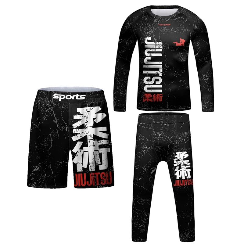 Dziecko Kimono Jiu Jitsu rshguard dzieci t-shirt Mma + spodnie 4 szt./zestaw spodenki Muay thai Bjj wysypka strażnik chłopiec boks koszulki sportowe