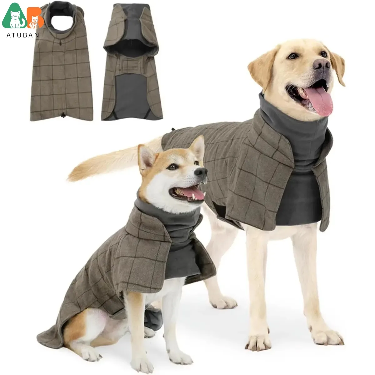 Warm Dog Coat English Plaid Dog Fleece Vest Windbreaker Jacket Winter Clothing with Traction Eyelets Suitable for All Dog Types