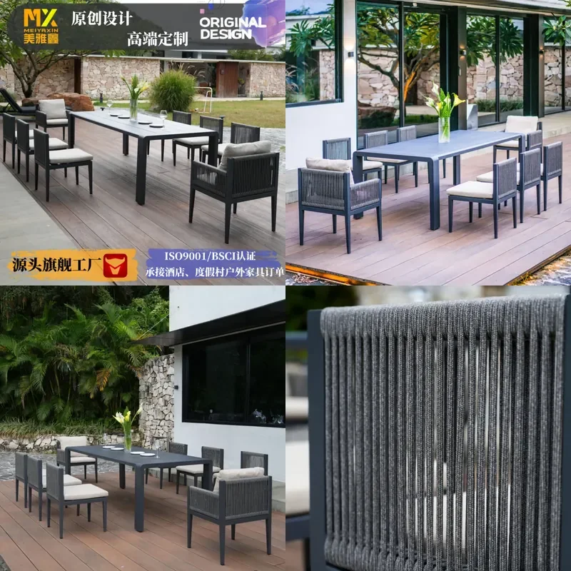 for Garden Outdoor Tables and Chairs Villa Courtyard Balcony Sunscreen Aluminum Alloy Braided Rope Dining Chair Patio