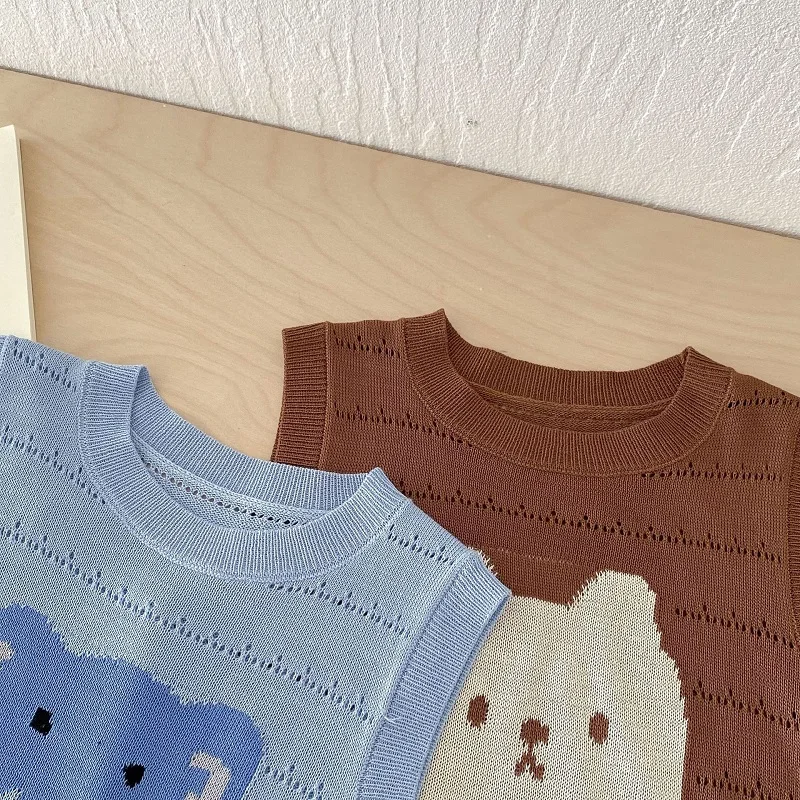 Urso dos desenhos animados infantil de malha tops e shorts, conjunto de roupas de malha infantil, outwear sem mangas, terno de menina, 0-5 anos, verão, novo, 2 peças