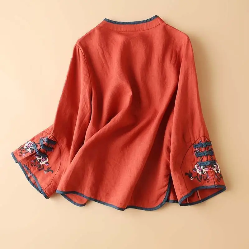 2024 Sommer neue chinesische Stil Hemden Frauen Retro Folk gespleißt gestickten Knopf lose Rundhals ausschnitt Langarm Pullover Blusen