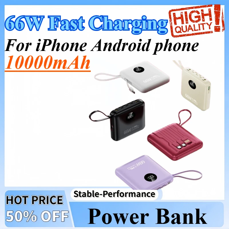 

10000mAh PowerBank 66W Fast Charging with Cable Large Capacity Compact Portable Mini Shared Four Wire Mobile Power Bank