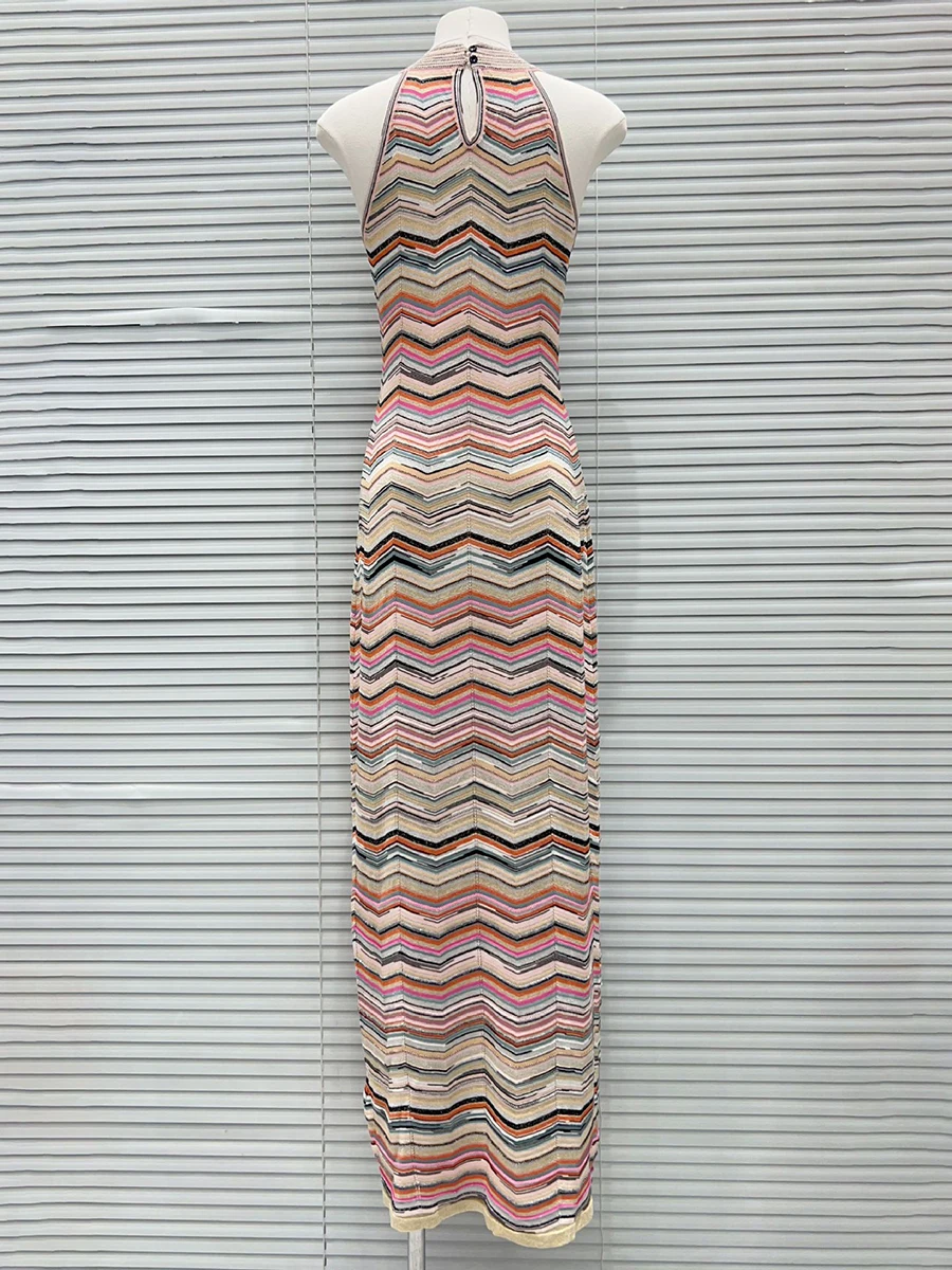 GALCAUR Colorblock Slimming Spliced Stripe Midi Dress for Women Round Neck Sleeveless Patchwork Hollow Out Dresses Female New
