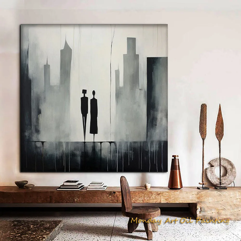 Hand Painted Abstract Couple City View Lovers Textured Acrylic Woman And Man Abstract Oil Painting Wall Art Fedex Shipping Cost