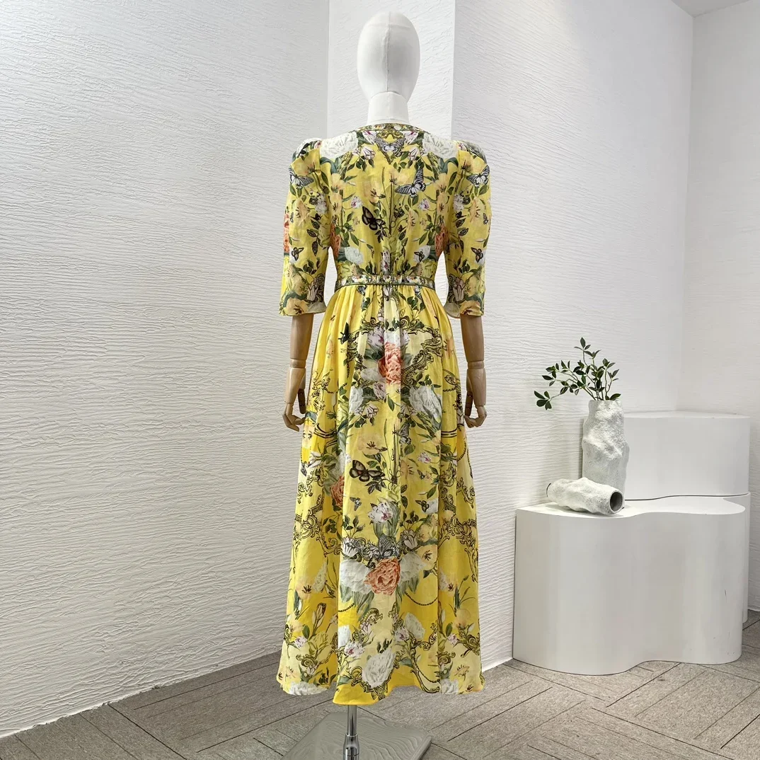 Yellow Floral Butterfly Print Long Sleeve Deep V Neck Diamonds Pressed Midi Dress for Women New High Quality