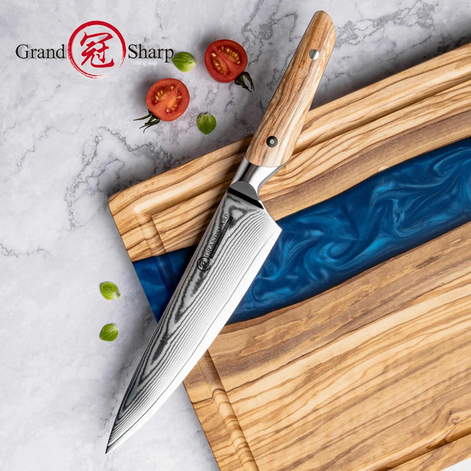 Grandsharp 7.7''Chef Knives 67 Layer Damascus Steel Olive Wood Handle Multifunctional Kitchen Utility Cutting Tools Gift