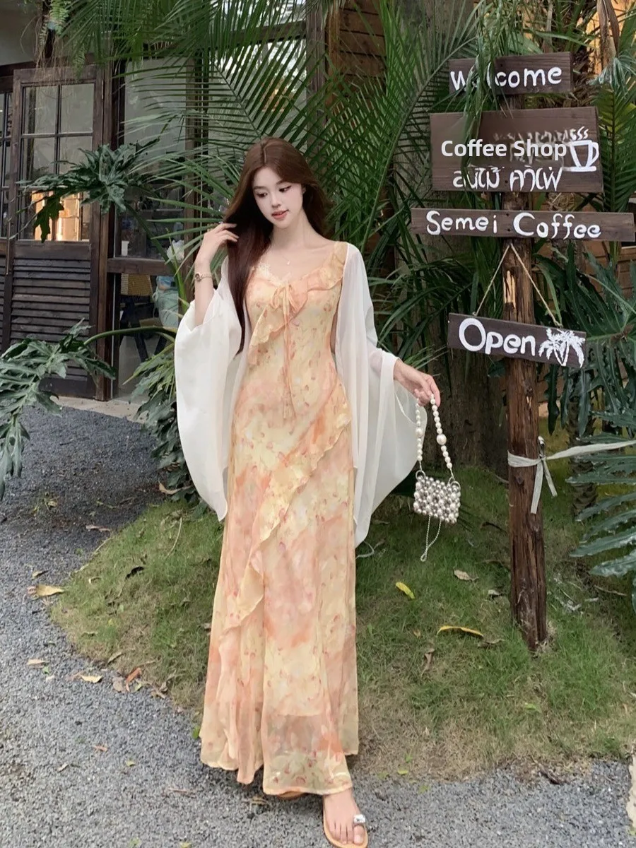 

plus Size Women's Summer Floral Print Chiffon Dress Thin Cardigan Top Set Korean Style High Waist Long Skirt Commute Friendly