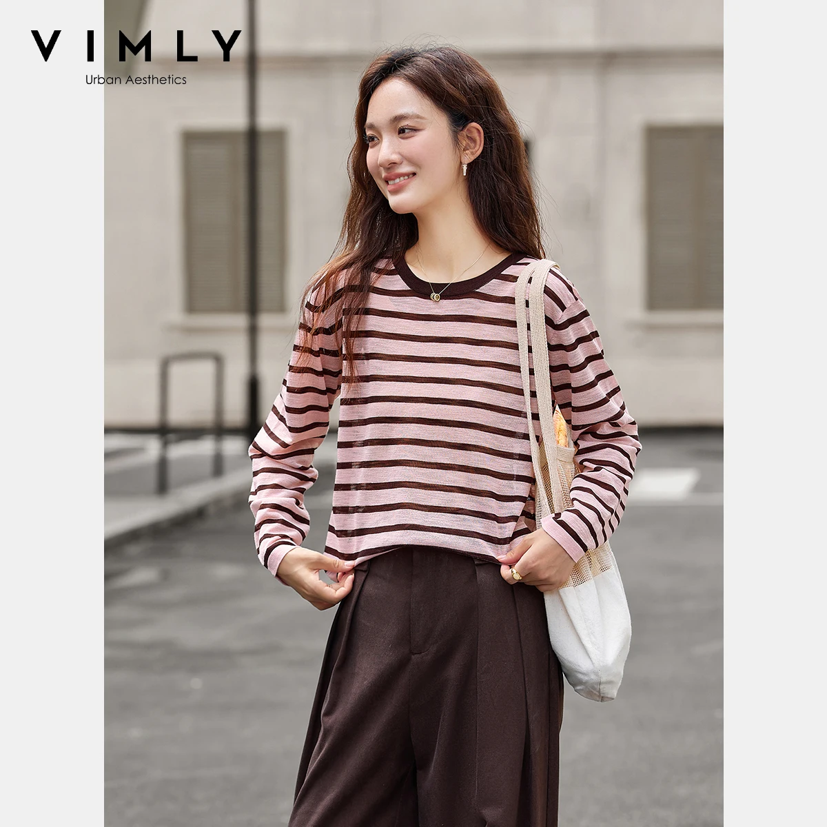 Vimly outono camiseta mulher 2025 listrado em torno do pescoço contraste cor feminina camisetas casuais de malha manga longa solta senhoras topos 75105