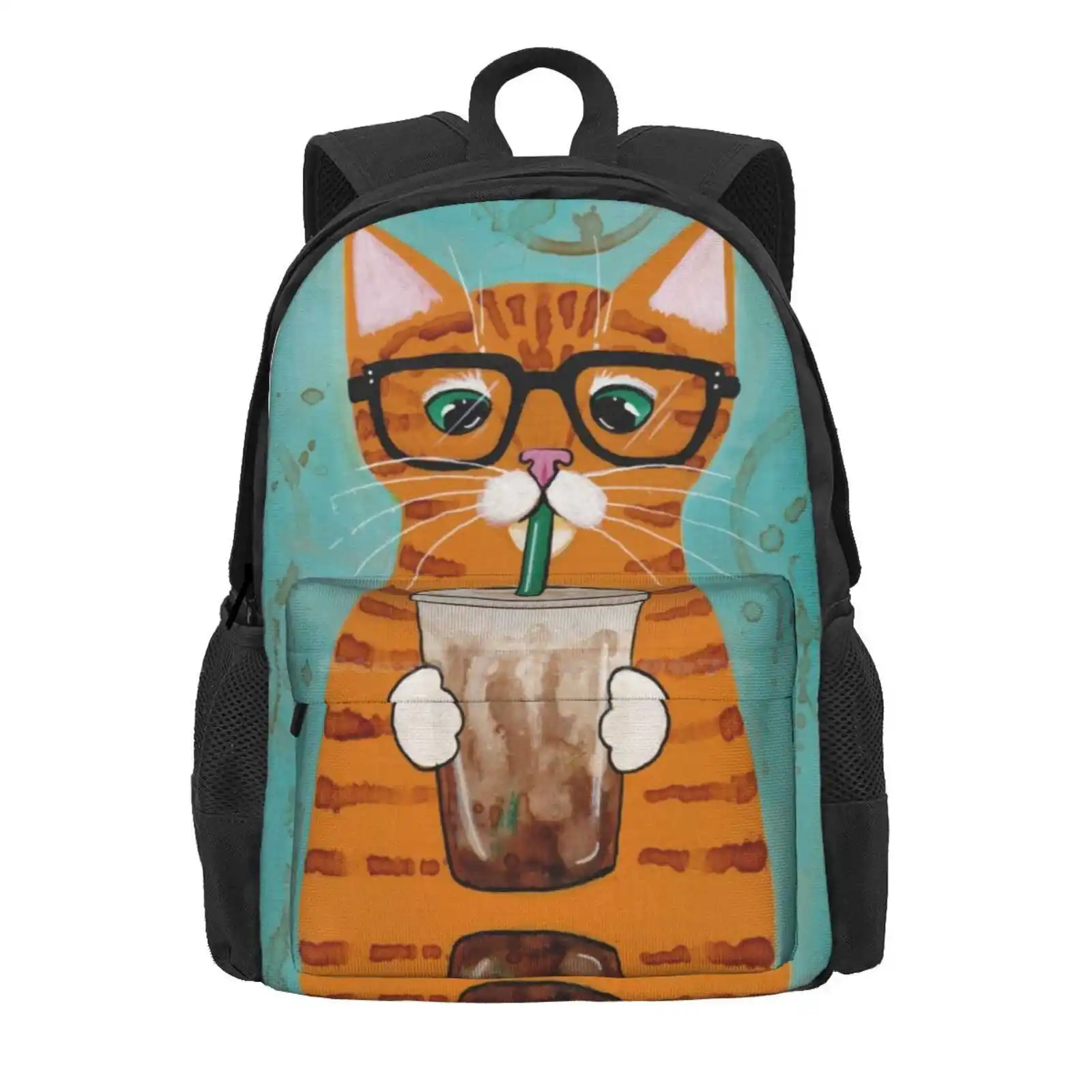 Iced Coffee Cat Hot Sale Schoolbag Backpack Fashion Bags Folk Art Whimsical Iced Coffee Coffee Cat Cat In Glasses Kilkennycat