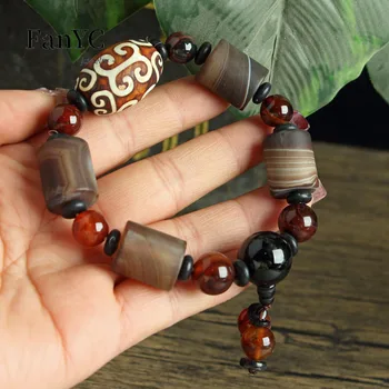 Natural old agate bracelet DIY with three-way Buddha first turn pattern Tibetan day beads agate bead string High-end jewelry