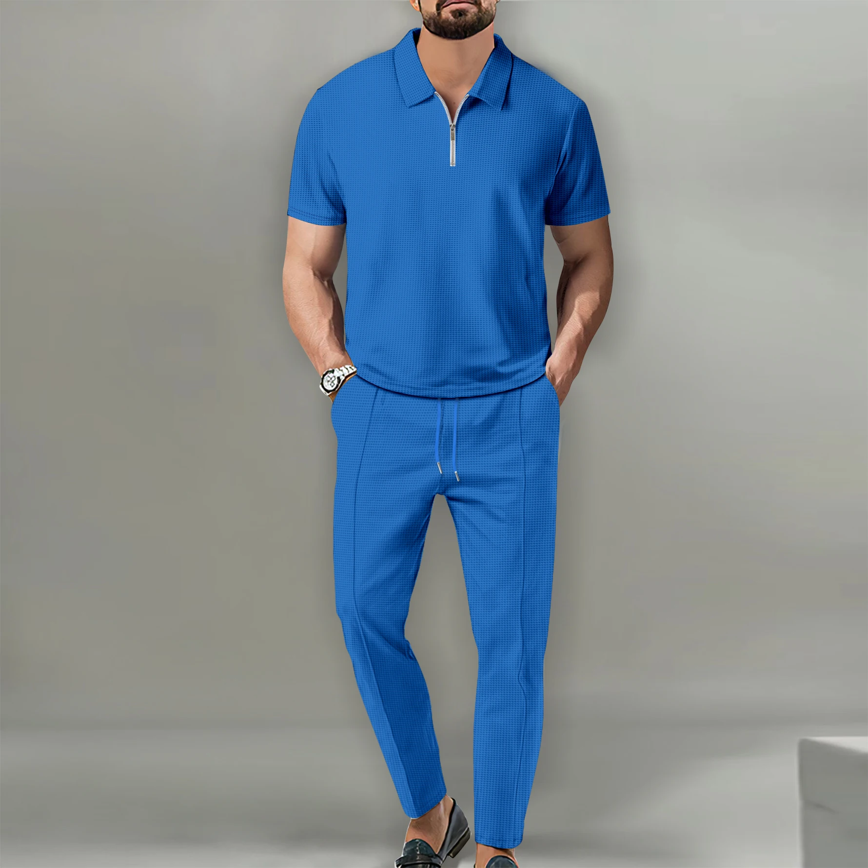 Men\'s casual Business Waffle fabric short sleeve zipper polo top and drawstring waffle pants suit