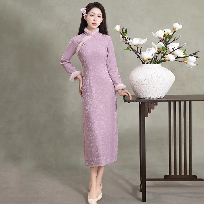 

Розовый толстый зимний новый китайский Cheongsam с длинными рукавами, улучшенный ципао для молодых женщин в стиле ретро, осень/зима