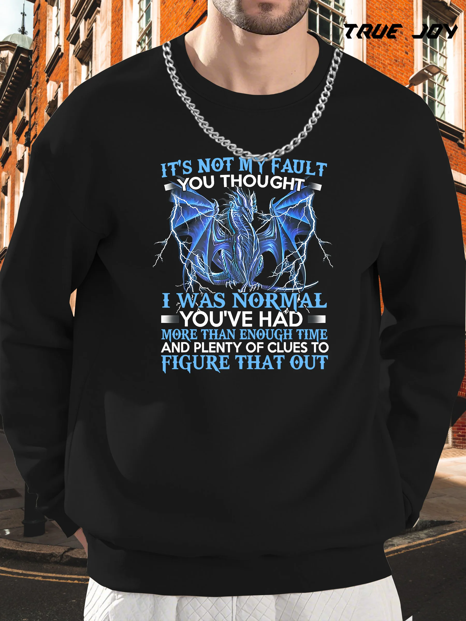 

Мужская повседневная толстовка свободного покроя с длинными рукавами и жирным синим драконом с графикой и текстовым принтом - Хизер Серый