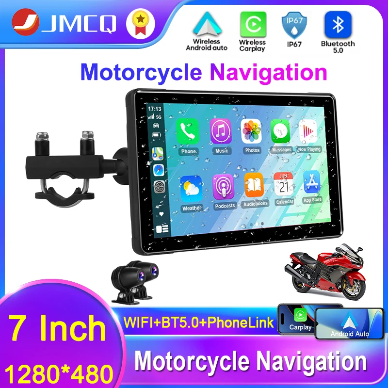 JMCQ layar sentuh Monitor kamera Bluetooth ganda, 7 inci navigasi motor CarPlay nirkabel Apple GPS Navi Android Auto depan belakang