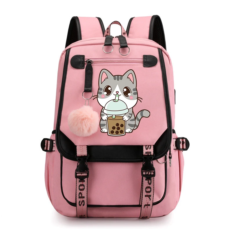 

Animals Fox Panda Print Backpacks Cartoon Drink Boba Tea School Bag for Teenager Girls Large Usb Bookbag Student Travel Backpack