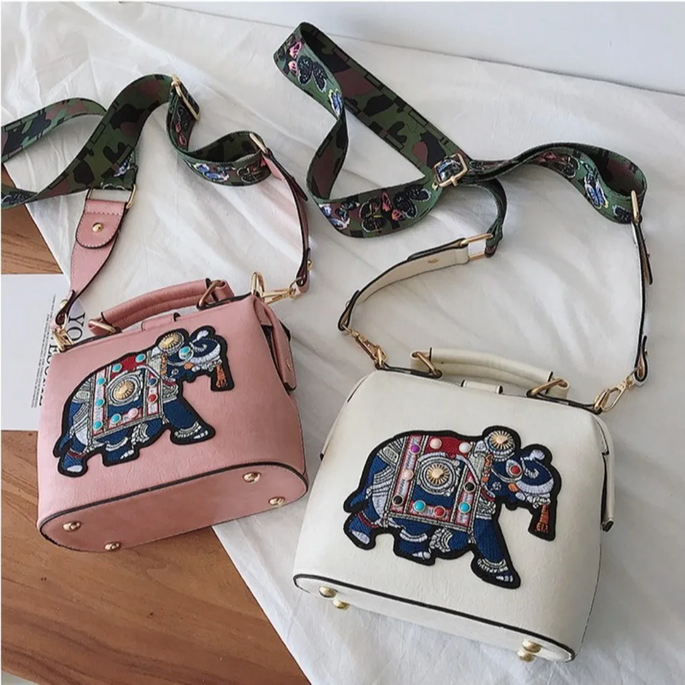 

Fashion Elephant Embroidered Shoulder Bag Large Capacity Wide Straps Crossbody Bag PU Leather Soft Handbag