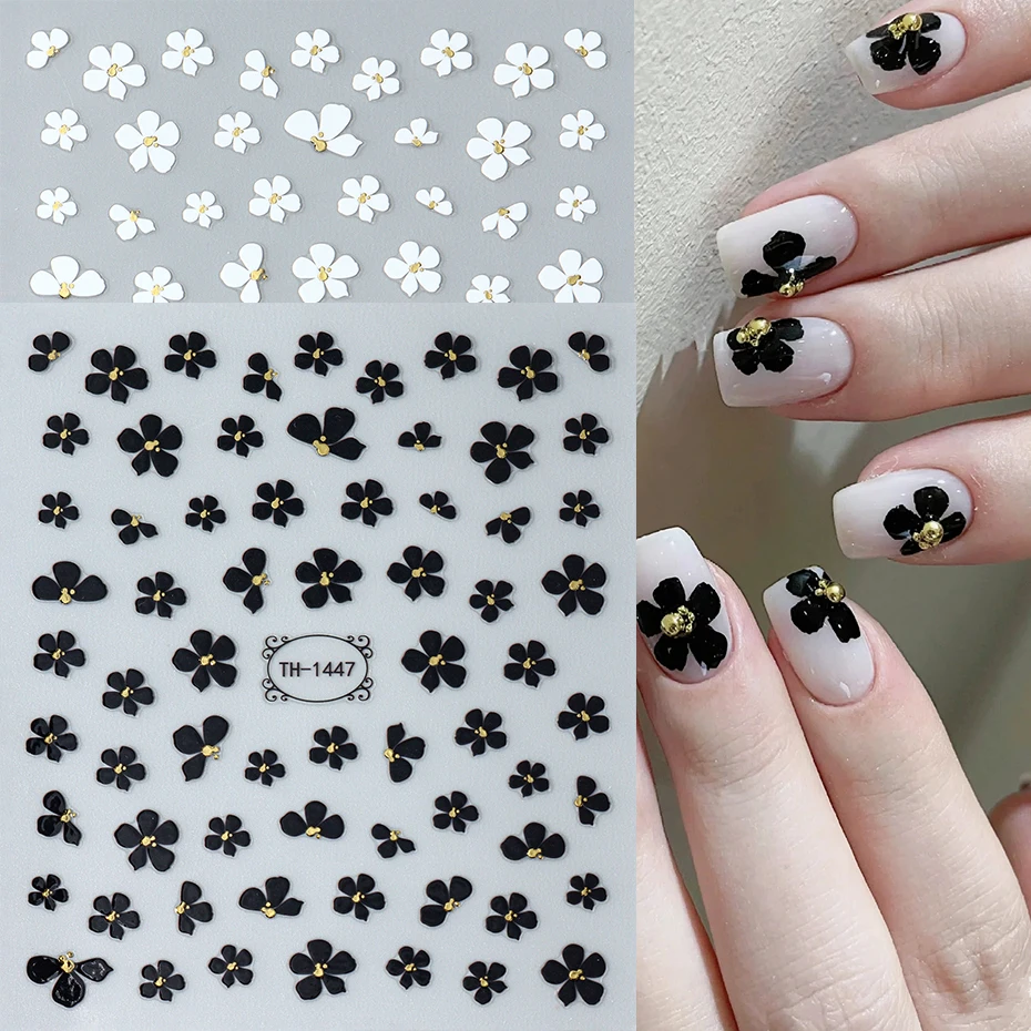 2 pezzi di fiori bianchi neri adesivi per nail art 3D decalcomanie ciondoli fiori semplici decorazioni per unghie con perline dorate carine accessori per manicure