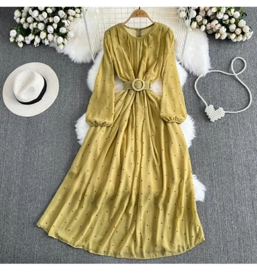 Vestido de chiffon de bolinhas, manga comprida lanterna, gola redonda, emagrecimento da cintura, linha A, estilo suave e retrô, vestido muçulmano,