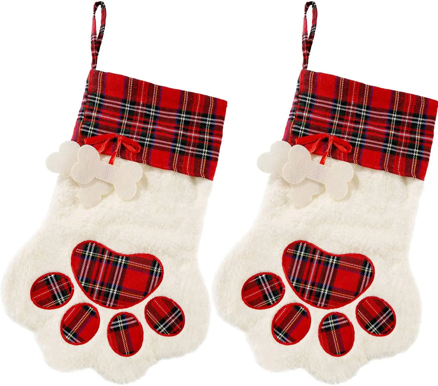 

2-Pack 17.7 Inch Christmas Pet Stockings, Cat/Dog Paw & Buffalo Plaid Pattern for Fireplace or Tree Decoration (Red).