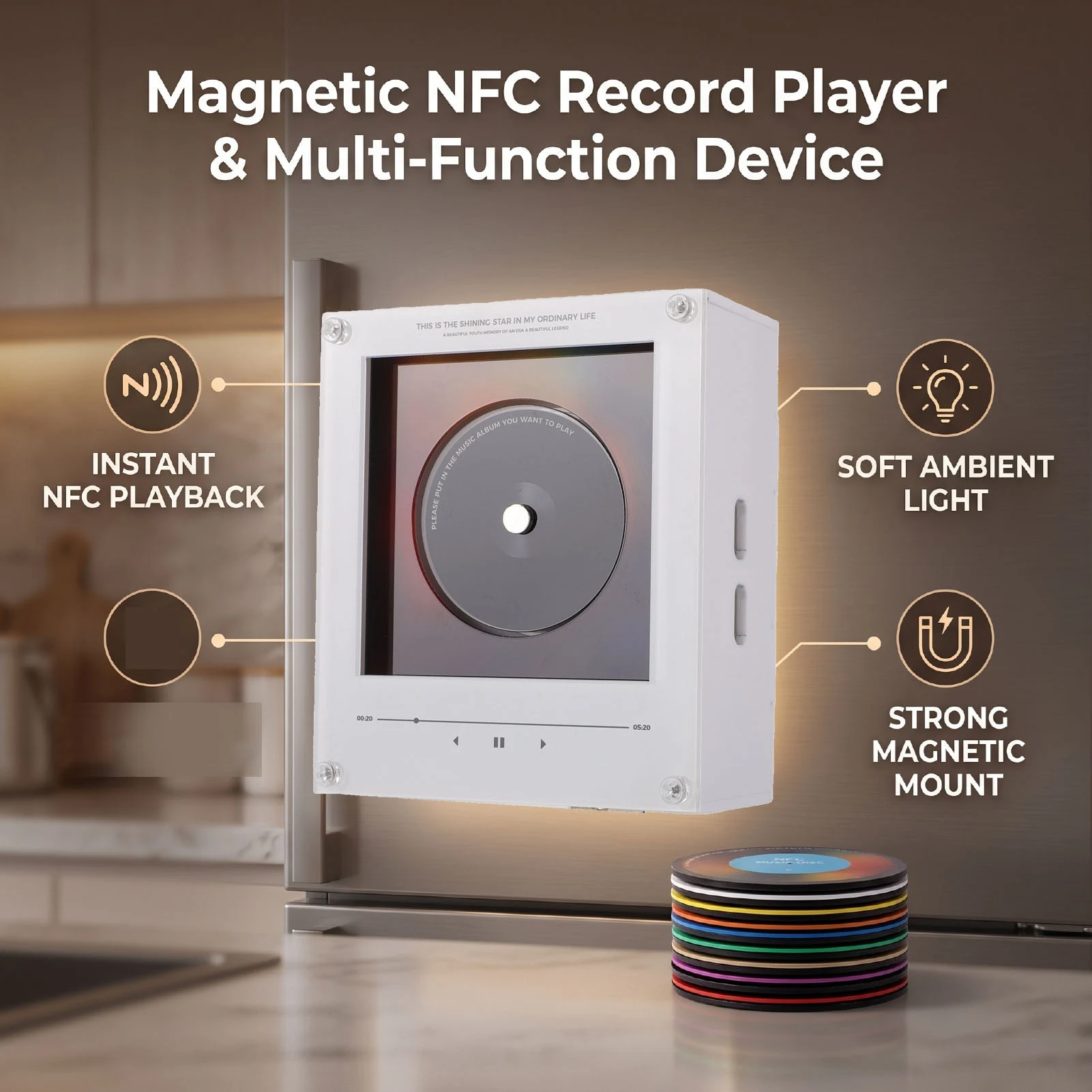 Music Refrigerator Magnets with NFC Records Player Set 128MB Music Player with Light for Fridge Desktop Unique Musical Gift