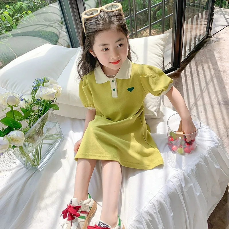 2024 New Children's Summer Dress Girl's Korean Edition love Bubble Sleeves Flip Collar Dress 1-12 Year Old Princess Dress