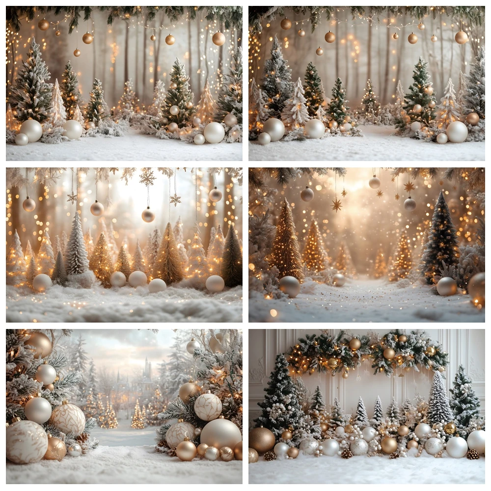 White Christmas Photography Background Xmas Pine Tree Gold Bells Winter Snow Kids Portrait Christmas Decor Backdrop Photo Studio