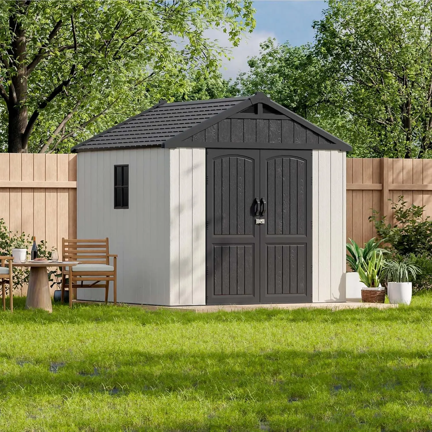 8x8 FT Outdoor Storage Shed Plastic Shed Resin Garden Tool Shed with Floor & Two Windows & Lockable Door for Patio Furniture