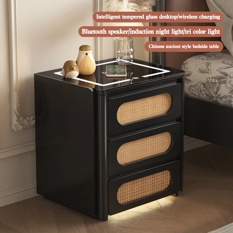 Smart Multi-Functional Wood Bedside Table Lamp 3 Drawers Wireless Charging USB Induction Assembled LED Light Eco-Friendly