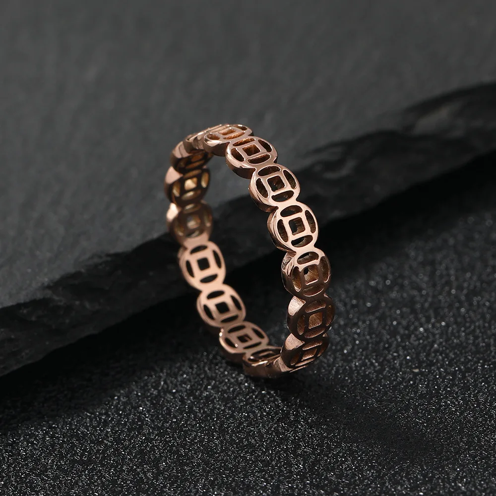 Chinese  Copper Coin Design Stainless Steel Ring Minimalist Gold Fashion Ring