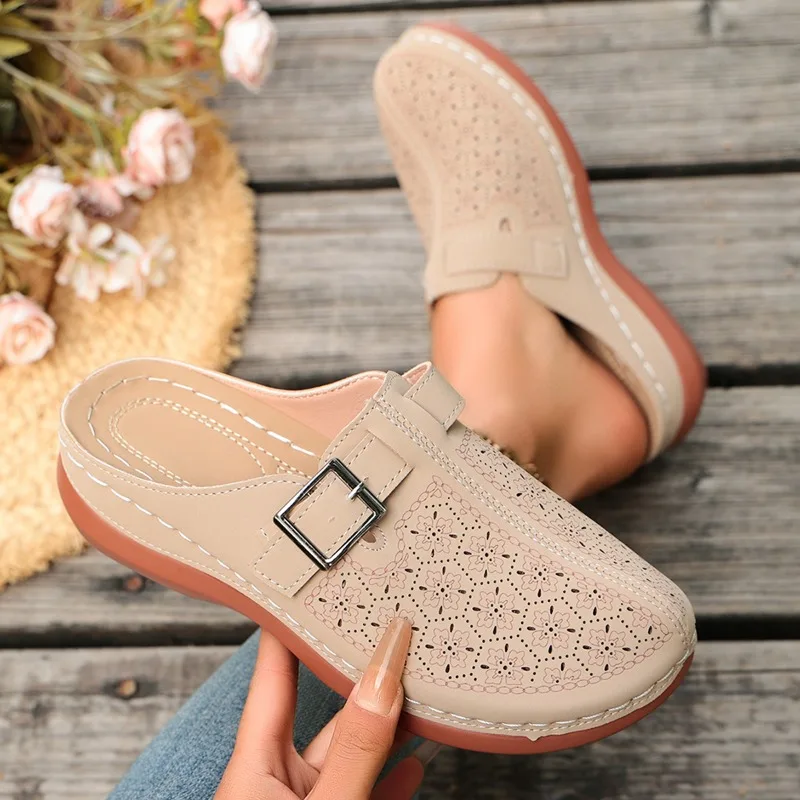 Summer Women's Fashion Breathable Comfortable Buckle Strap Round Toe Solid Color Mid Heel Slippers Women Vintage Wedge Sandals