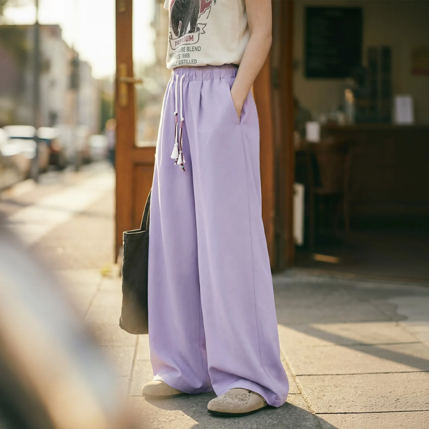 Maden Women's Gradient Violet Pink Casual Straight Pants Elastic High Waist Slim Fit Smooth Draping Loose Thin Long Commute Wear