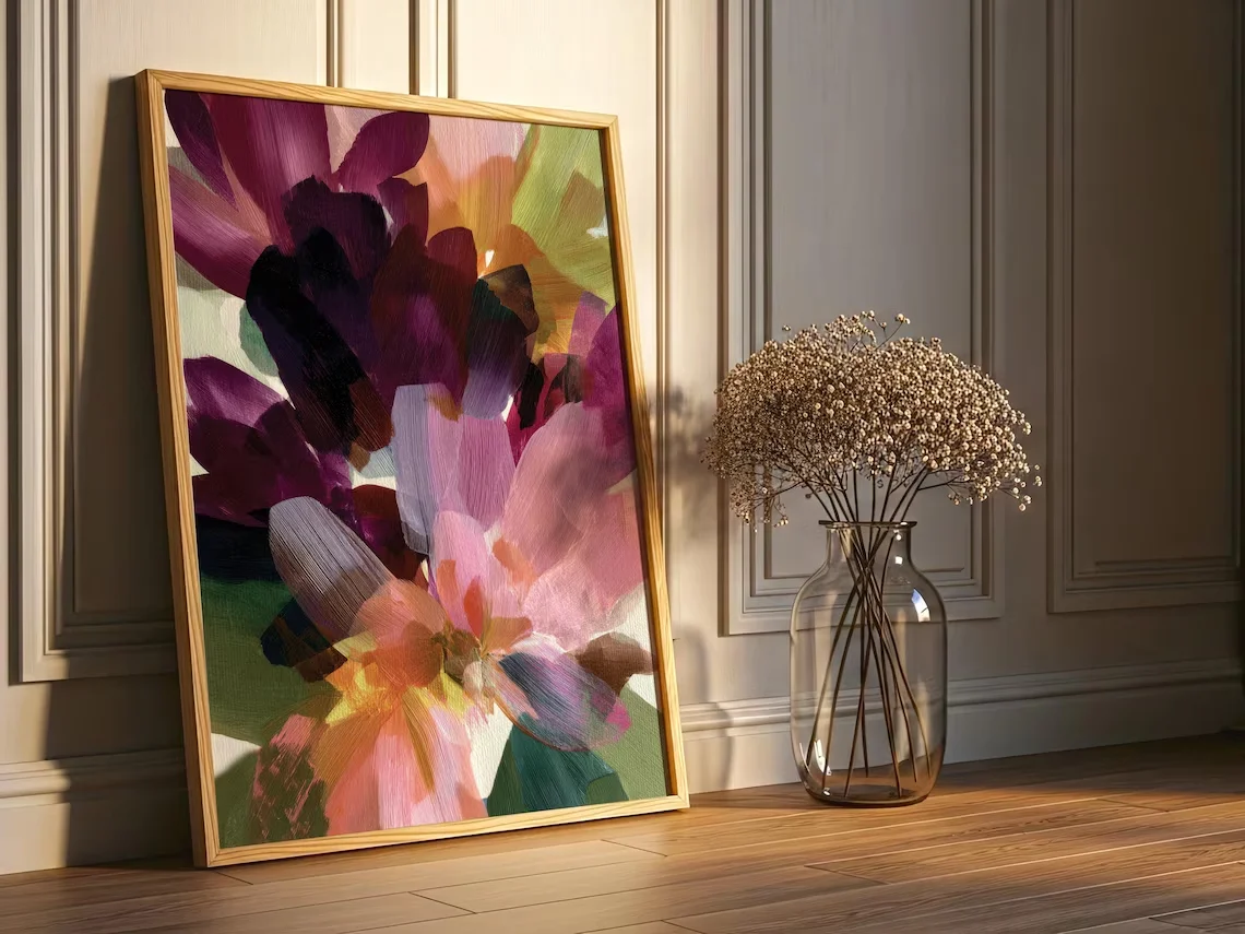 Modern Abstract Floral Wall Print Decor - Bold Impasto Oil Painting of Lush, Layered Flowers in Rich Plum, Blush Pink, Gold, and