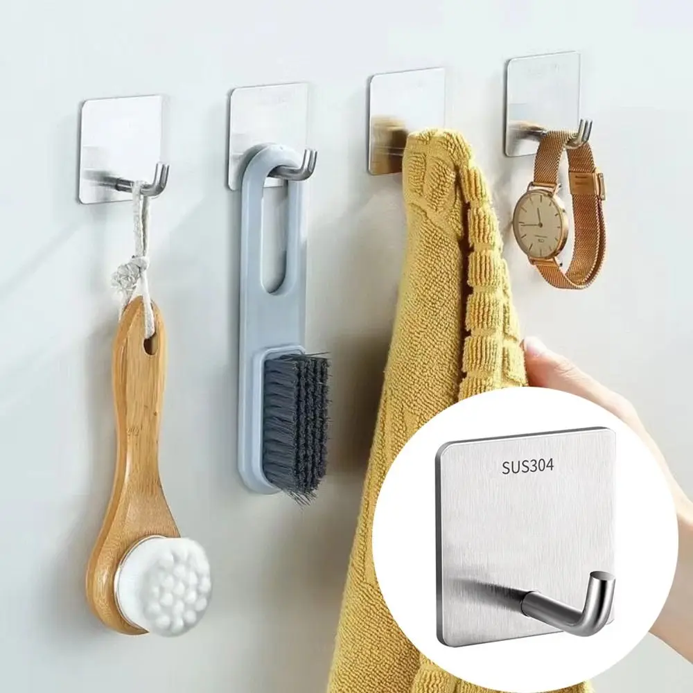 2/10pcs New Hanging Storage Stainless Steel Hook Waterproof Rustproof Wall Hook Load-Bearing Adhesive Hook Household Use