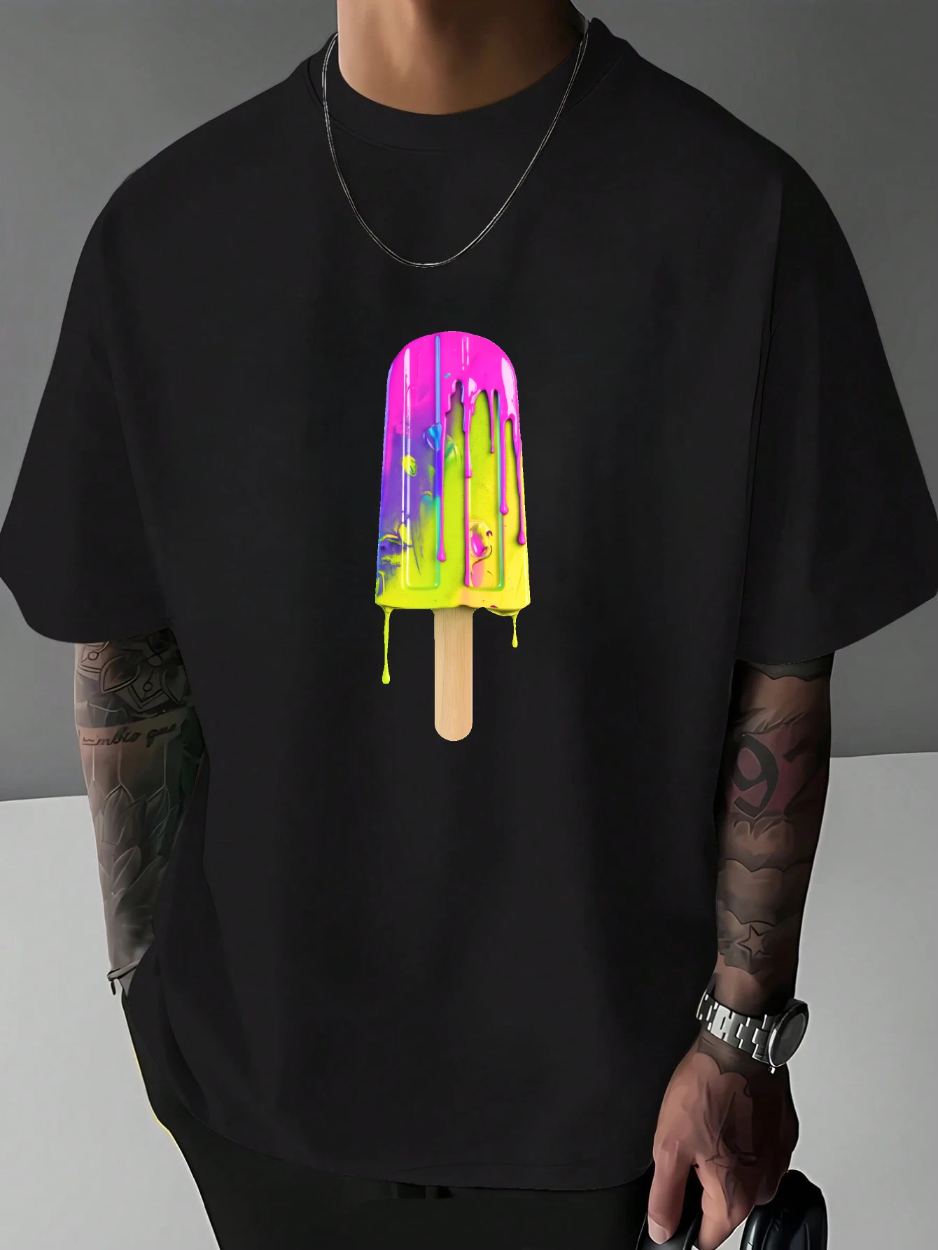 Mens Summer Popsicle T Shirt Vibrant Melting Ice Cream Graphic Print Short Sleeve Crew Neck Casual Cotton Male Fashion Tee
