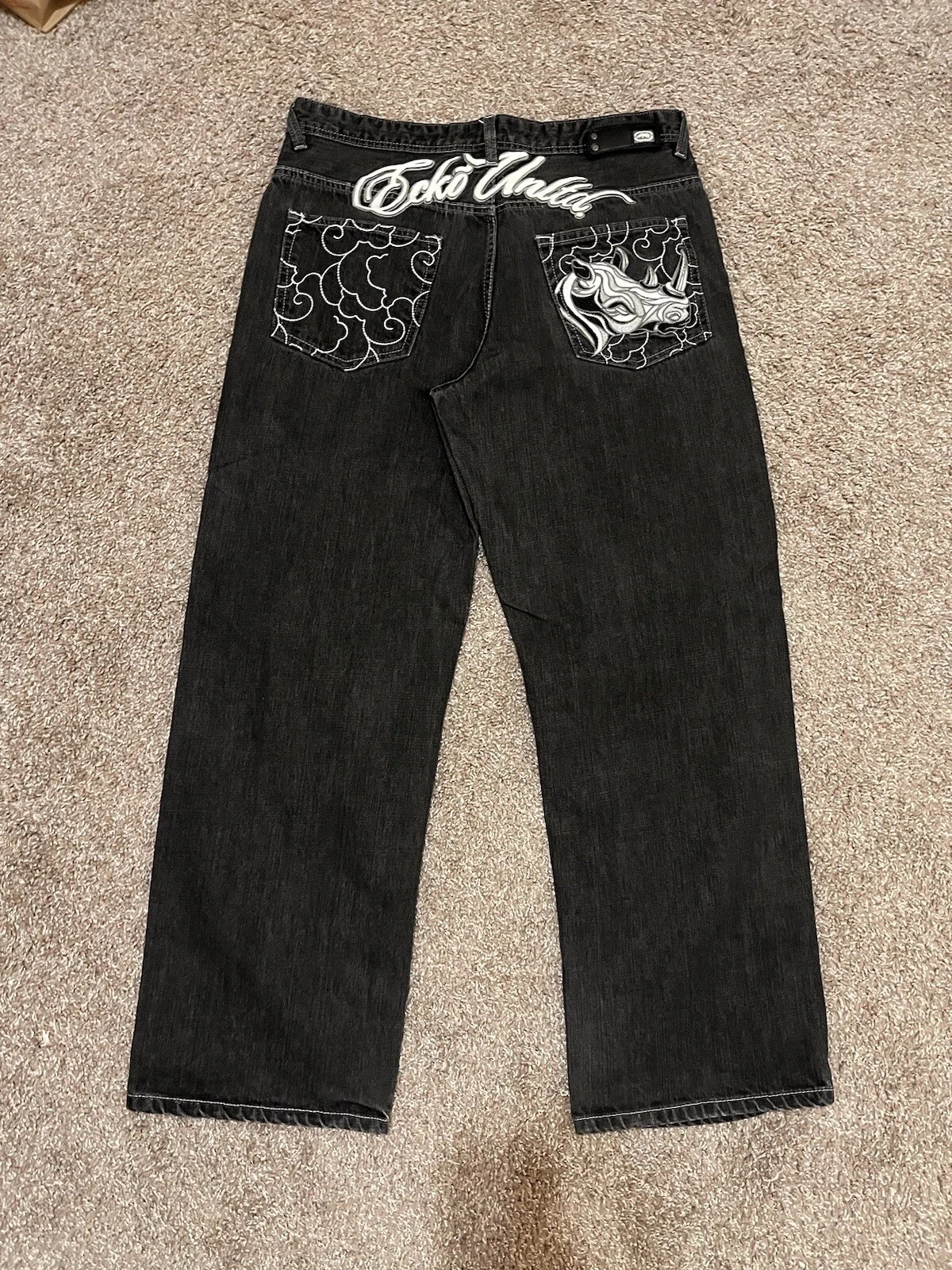 

Винтажные черные джинсовые джинсы Ecko Unltd, мужские повседневные брюки с прямыми штанинами в стиле хип-хоп и вышивкой носорога