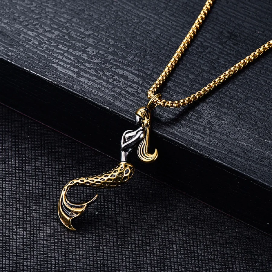 Megin D Stainless Steel Hip Hop Punk Titanium Mermaid Fish Pendant Collar Chain Necklace for Men Women Couple Gift Fashion Jewel