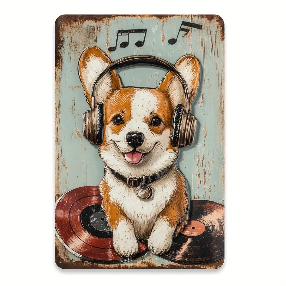 Rock and Roll Corgi Iron Metal Tin Sign 8x12inch Retro Wall Decoration Sign Suitable for Home, Bar, Cafe, Garage