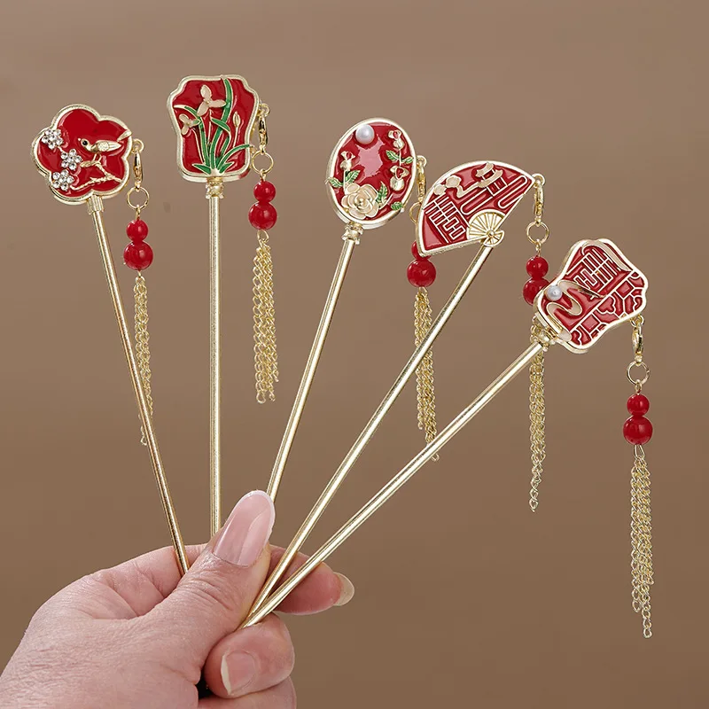 Bastão de cabelo com borla vermelha, flor de pérola, elegante, formato de leque, estilo versátil chinês, bastão de cabelo de pérola, garfo de cabelo, festa hanfu
