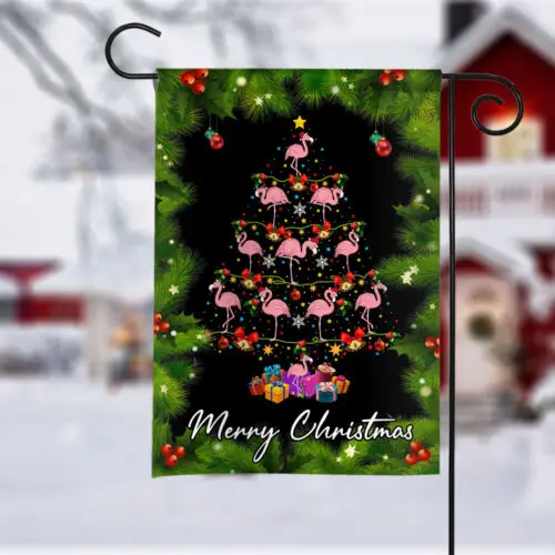 Flamingo Merry Christmas Flag, Pink Flamingo Christmas Tree Lights Flag Gift LLK ZZU WWL IIC