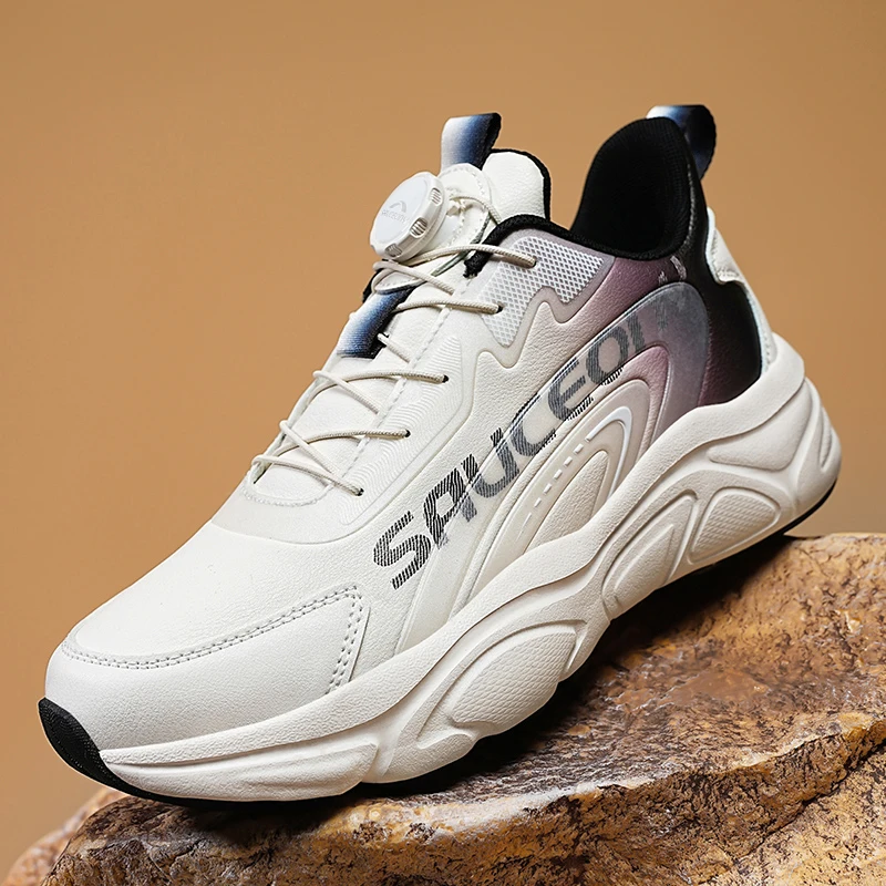 Big Size Men No‑Tie Rotating‑Buckle Dad Shoes, Autumn Winter Waterproof Leather Thick‑Sole Casual Sports Sneakers